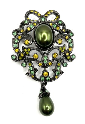Gorgeous JOAN RIVERS Designer Dark Silver And Green Color Stones Ornate Brooch/pin