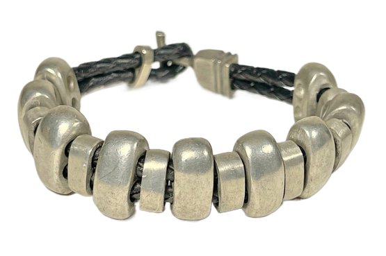 Contemporary Silver Tone And Leather Bracelet