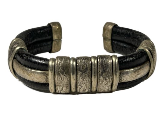 Thick Wide Genuine Leather Silver Tone Bracelet