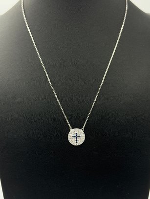 Gorgeous Sterling Silver Sapphire & CZ Cross Pendant Necklace