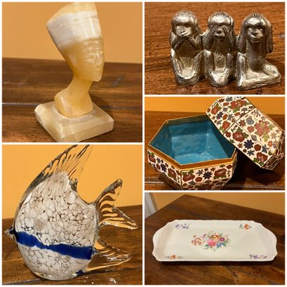 5pc Decorative Jackpot - Nefertiti Bust, Murano Style Art Glass Fish, Japanese Cloisonne Box,  Coleport Pewter