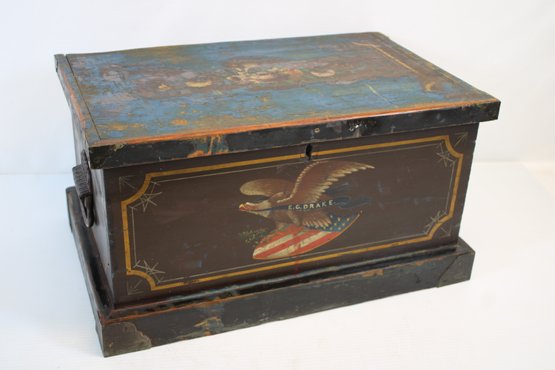 Antique Wooden Chest With American Eagle On Front And Ornate Cast Iron Handles - Great Graphics & Color!