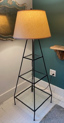 Unique Wrought Iron Obelisk Display To Share Floor Lamp With Glass Shelves