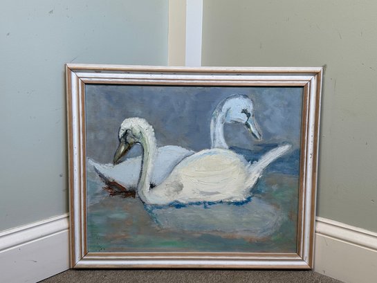 Beautiful Vintage Original Oil Swan Painting