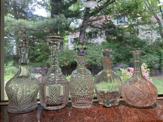 Five Vintage, Glass And Crystal Decanters.