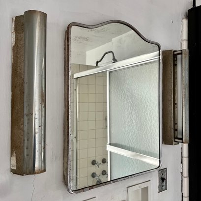 A Vintage Columbia Metal Box Co. Mirrored Medicine Cabinet In Wall - Side Lights With Metal Revolving Shades