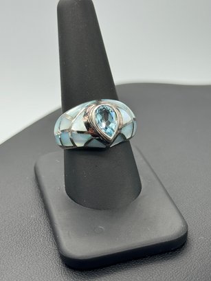 Rare Aquamarine & Abalone Inlay Sterling Silver Statement Ring