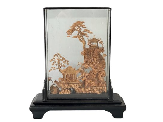 Chinese Cork Carving Diorama In Glass Case #3