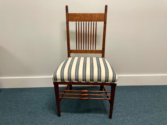 Beautiful Antique Oak Spindle Back Parlor Chair With Blue & White Stripe Upholstered Seat