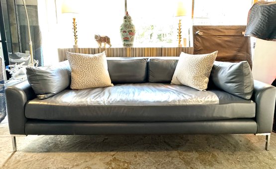 Gorgeous High End Custom Leather Sofa In Pale Slate Gray With Down Fill 91.5