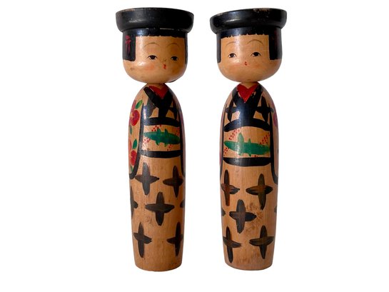 Pair Of Wood Kokeshi Dolls, Japan