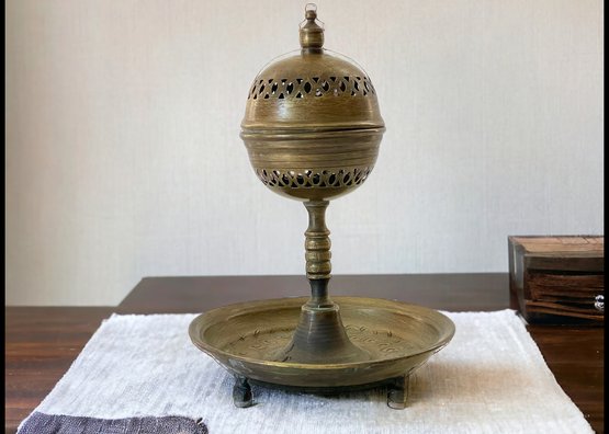 Vintage Brass Moroccan Incense Burner With Hinged Top
