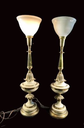 Pair Of Stiffel Brass And Enamel Lamps With Signed Milk Glass Shades