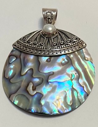 LARGE STERLING SILVER SHELL AND PEARL PENDANT SIGNED MERAN