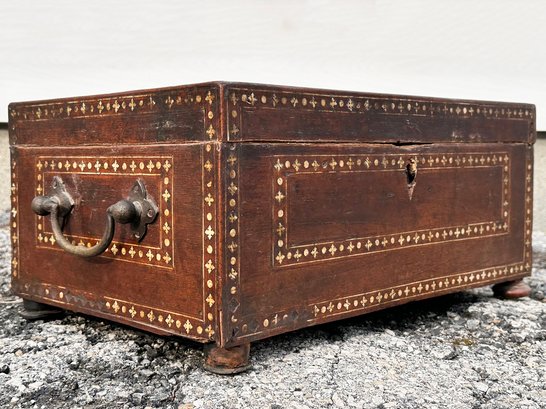An Antique Inlaid Mother Of Pear Moroccan Case - Velvet Lined - Possibly For Jewelry Or Documents.