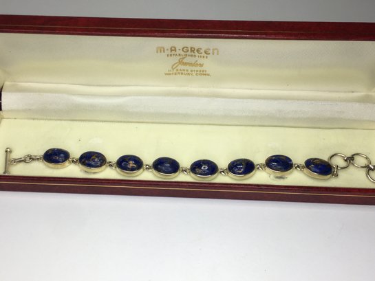 Very Pretty Brand New 925 / Sterling Silver Toggle Bracelet With Oval Lapis Lazuli Cabochons - Very Nice !