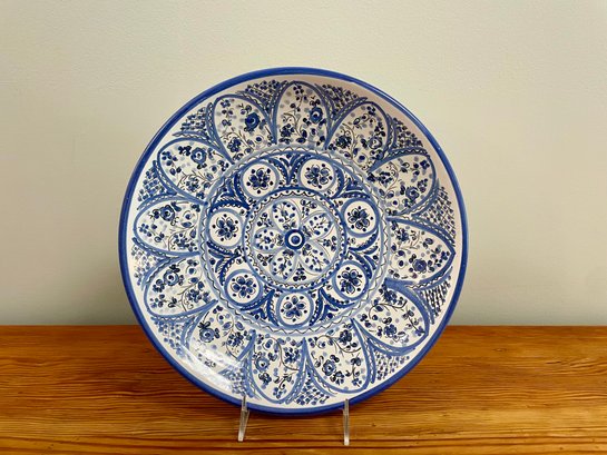Beautiful Vintage Italian Glazed Blue & White Floral Decorated Low Bowl
