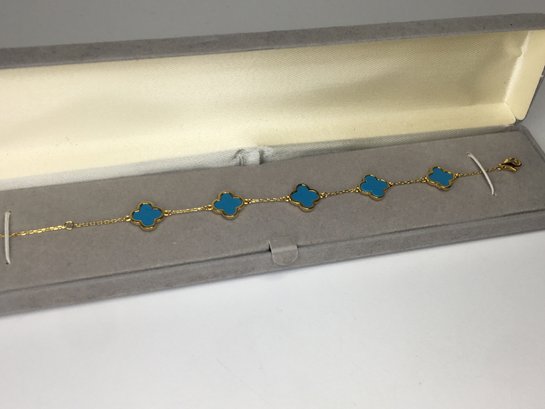 Stunning Van Cleef / Alhambra Style Sterling Silver With 14K Gold Overlay Bracelet With Turquoise - New !