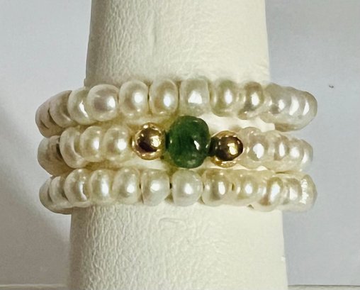 14K GOLD PEARL AND JADE COIL RING