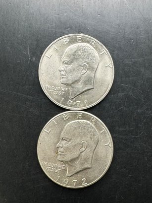 2 Eisenhower Dollars 1971-D, 1972-D