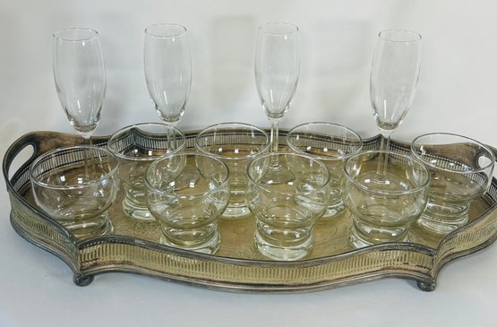Set Of 8 Rocks Glasses And 4 Champagne Flutes On Vintage Footed Tray