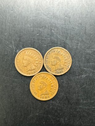 3 Indian Head Pennies 1905, 1906, 1907