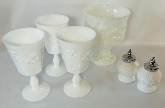 Lot Of White/milk Glass - 3 Goblets, Vase, S&P