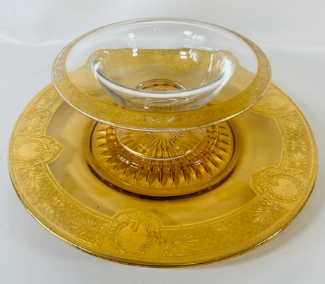 Footed Serving Bowl On Underplate, Gold Rim - Very Pretty!
