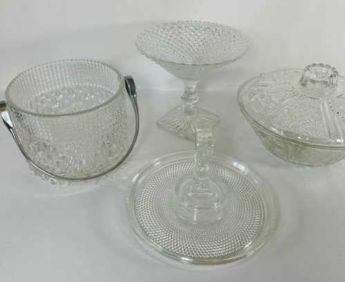Lot Of Vintage Glass Serving Pieces - Ice Bucket, Compote, Tidbit Tray, Lidded Candy Dish