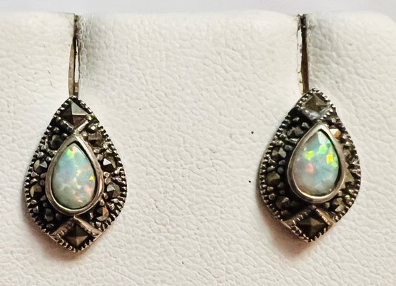 VINTAGE SIGNED STERLING SILVER OPAL AND MARCASITE STUD EARRINGS