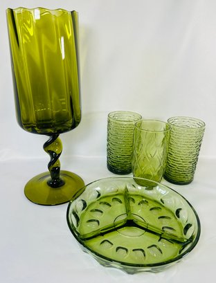 Lot Of Vintage Green Glassware - Vase, Divided Plate, 3 Glasses