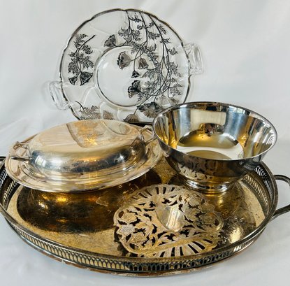 Lot Of Vintage Silver Plated Pieces - Tray, Covered Dish, Trivet, Bowl, Cake Plate