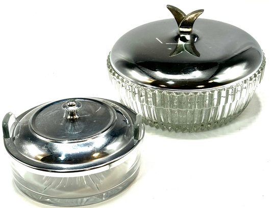 Vintage Pair Of Stainless Steel Lidded Glass Dishes