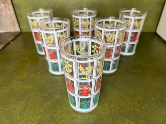 Mid Century Juice Glasses White Window With Flowers Pattern