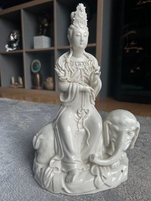 Very Fine Vintage Blanc De Chine GUAN YIN ON ELEPHANT THRONE  Sculpture