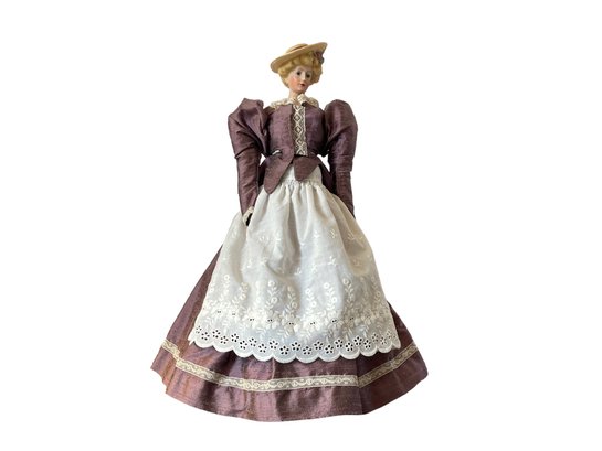 Hand Painted Porcelain & Cloth Doll In 1800s Period Costume With Stand