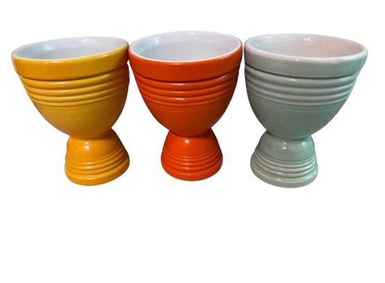 Set Of 3 Vintage Hankscraft Fiesta 'Go Along' Porcelain Double Egg Cups