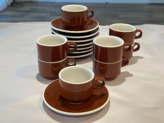 Set Of 8 Brown Italian Stoneware Espresso Cups & Saucers