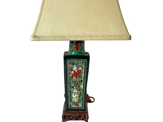 Green Asian Lamp With Carved Wood Base
