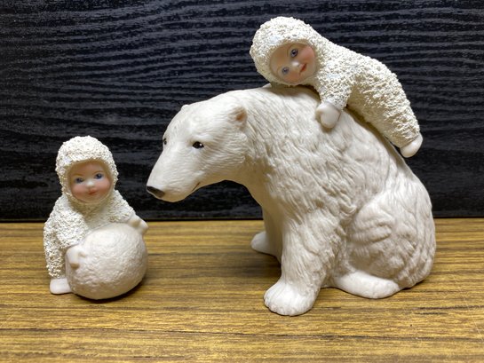 Two Porcelain Snow Babies With Polar Bear.