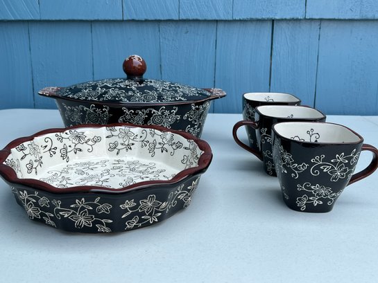 Temptations 'Floral Lace' Hand Painted & Hand Crafted Pot, Serving Dish & Mugs