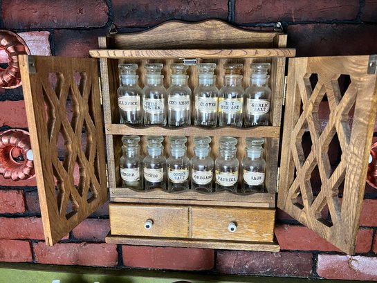 Vintage Spice Cabinet With Apothecary Type Jars