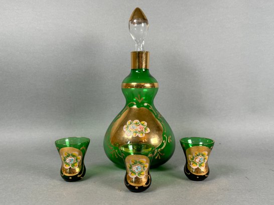 Vintage Emerald Green Glass Decanter With Three Glasses