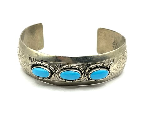 Vintage Designer Sterling Silver Turquoise Color Ornate Cuff Bracelet