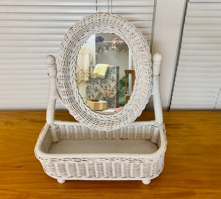 Vintage White Wicker Vanity Mirror With Storage Basket
