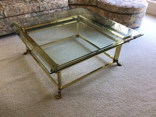 Heavy Brass Beveled Glass Top Coffee Table