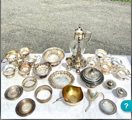 Huge Lot Of 28 Silver Plated Serving Dishes, Vintage Coffee Pot