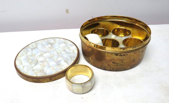 Set 6 Brass And Mother Of Pearl Napkin Rings With Round Box
