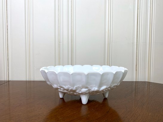Vintage - Fenton Milk Glass Fruit Bowl With High Relief Fruit Motif And Scalloped Edge