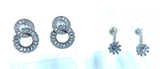 2 Pair Of Contemporary Clear Rhinestone Earrings